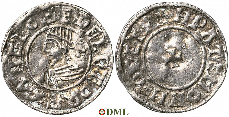 Денарий, Англия, Æthelred II (978-1016), м.д. Thetford, монетарий HPATEMON, North 777