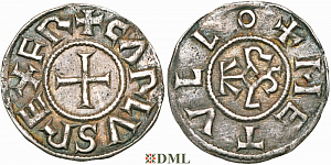 Денарий, Каролинги, Charlemagne (768-814) ou Charles le Chauve (840-877), м.д. Melle