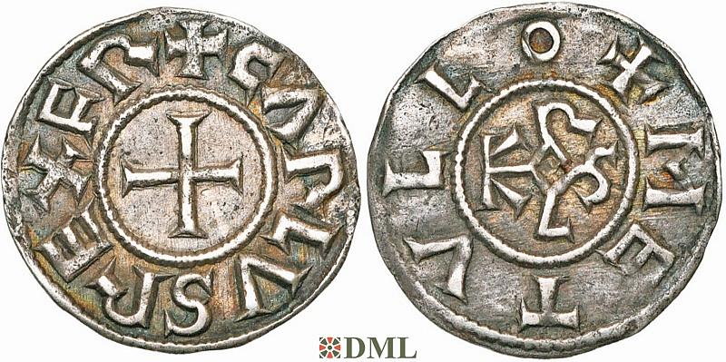 Денарий, Каролинги, Charlemagne (768-814) ou Charles le Chauve (840-877), м.д. Melle