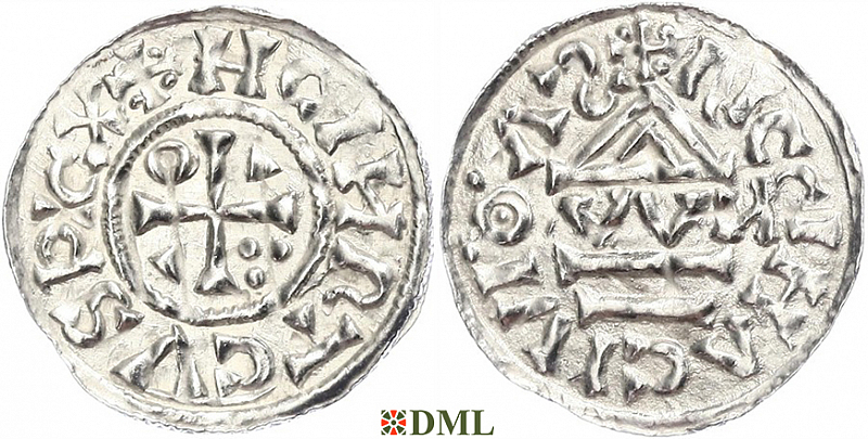 Денарий, Германия, Бавария, Heinrich II (1002-1024), м.д. Regensburg, монетарий OWИ, Hahn 1976, 27j1