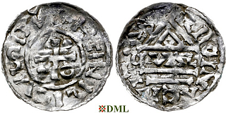 Денарий, Германия, Бавария, Heinrich II (955-995), м.д. Regensburg, монетарий GVΛL, Hahn 1976, 22d1.1