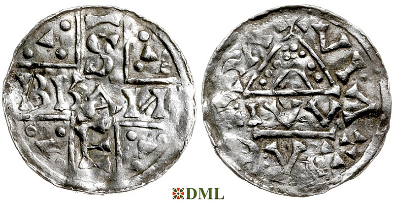 Денарий, Германия, Швабия, Bruno (1006-1029), м.д. Augsburg, монетарий IW, Hahn 1976, 147var.