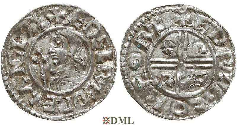 Денарий, Англия, Æthelred II (978-1016), м.д. Hertford, монетарий Eadwig, North 770