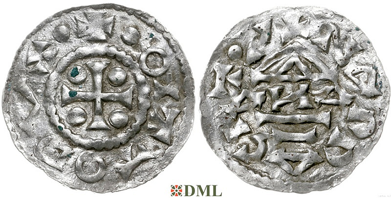 Денарий, Германия, Бавария, Otto I (973-982) м.д. Nabburg, монетарий ΔИΔ, Hahn 1976, 70a3.1